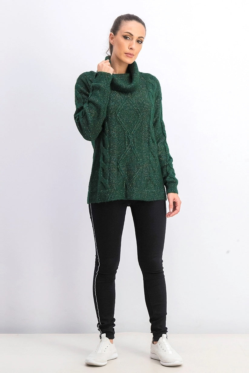 Charter Club Women's Cowl-Neck Cable-Knit Glitter Sweater Green Size Large