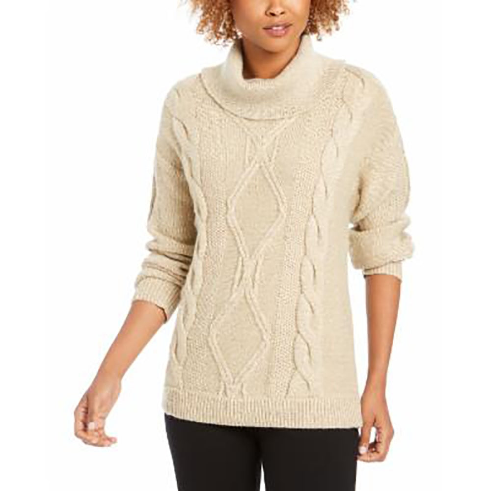 Charter Club Women's Cowl-Neck Cable-Knit Glitter Sweater White Size X-Large