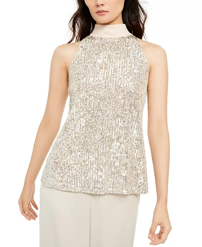 Alfani Women's Mock-Neck Sequined Blouse Beige Size XX Large