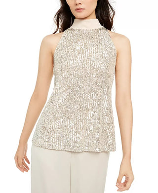 Alfani Women's Mock-Neck Sequined Blouse Beige Size XX Large