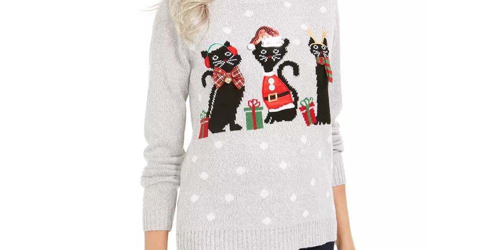Karen Scott Women's Cat Applique Holiday Sweater Grey Size Large