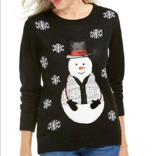 Karen Scott Women's Sequined Snowman Holiday Sweater Black Size XX-Large