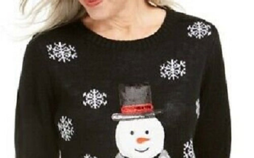 Karen Scott Women's Sequined Snowman Holiday Sweater Black Size XX-Large