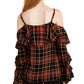 INC International Concepts Women's Ruffled Cold-Shoulder Plaid Top Black Size Large