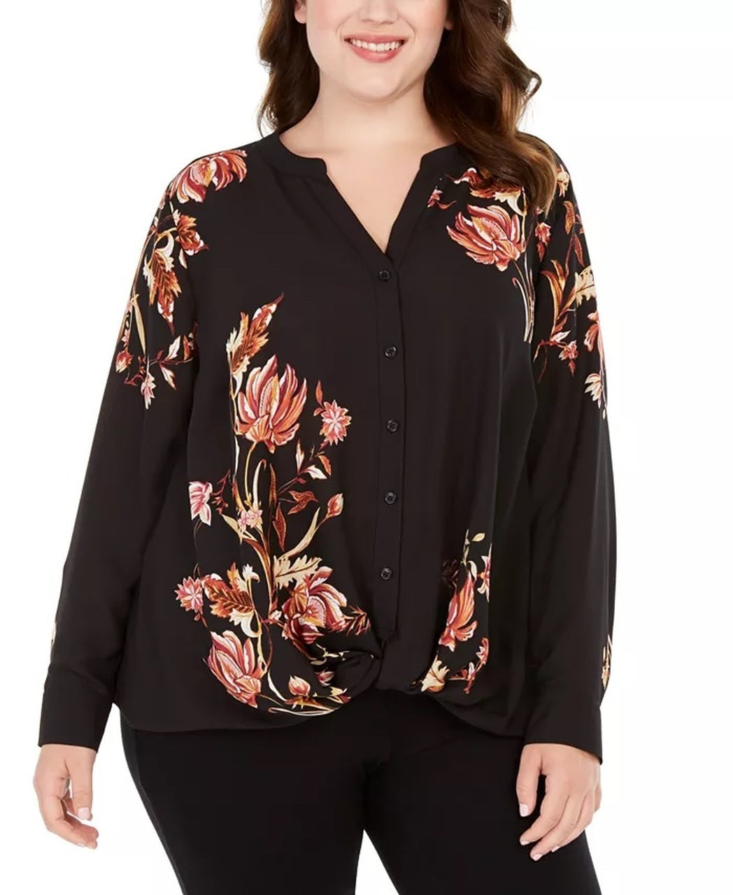 INC International Concepts Women's Floral Print Twist Hem Blouse Black Size 4X