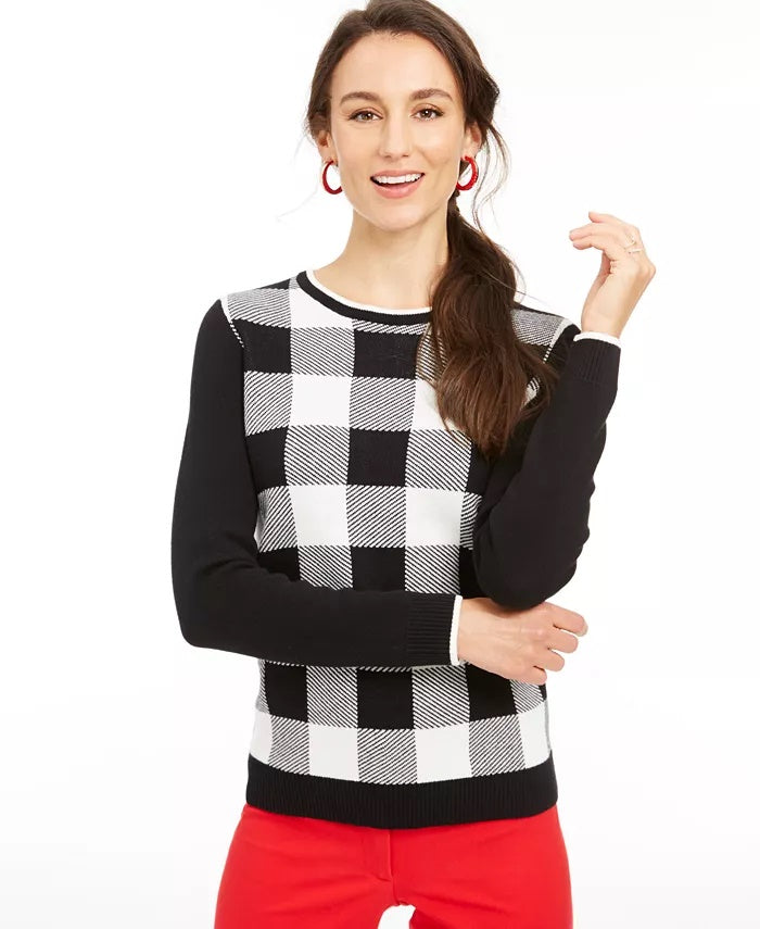 Charter Club Women's Buffalo Check Family Sweater White Size X-Large