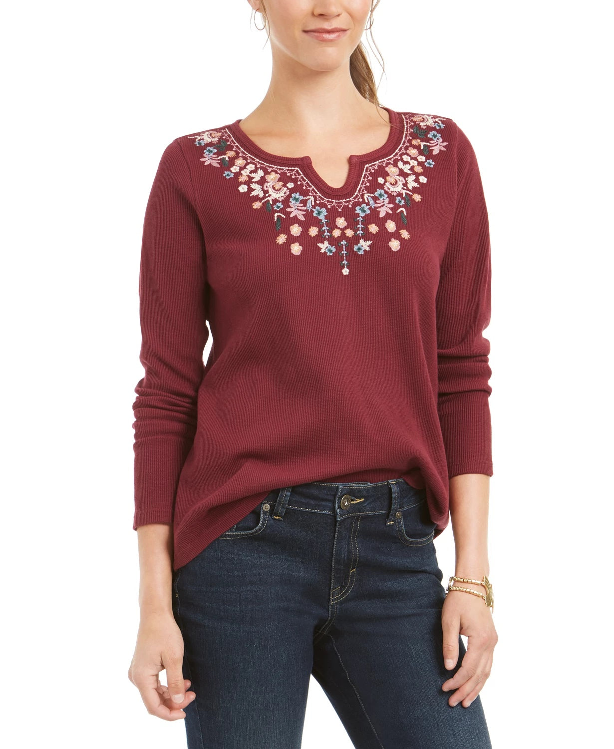 Style & Co Women's Embroidered Split-Neck Cotton Thermal Top  Red Size Medium