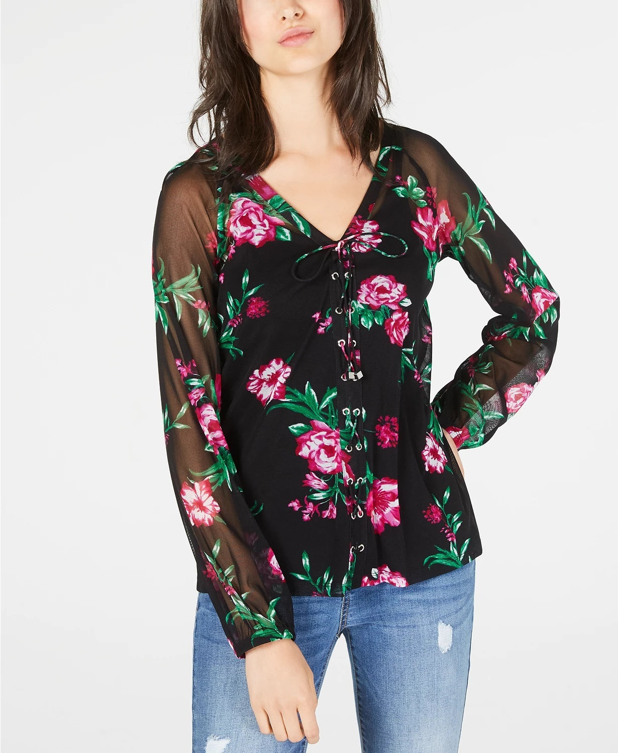 INC International Concepts Women's Printed Lace-Up Top Black Size Small