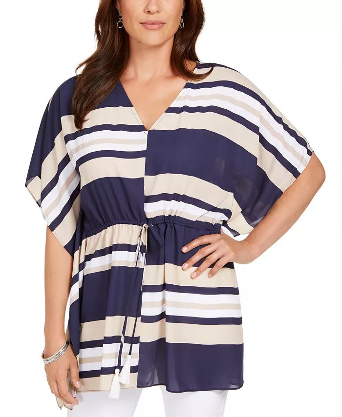 Charter Club Women's Tie-Waist Striped Poncho Top Blue Size Medium