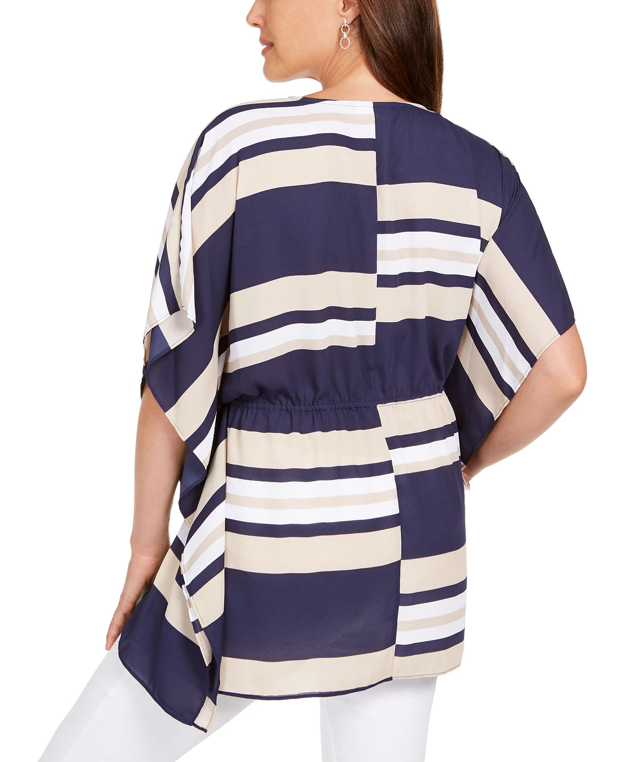 Charter Club Women's Tie-Waist Striped Poncho Top Blue Size Medium