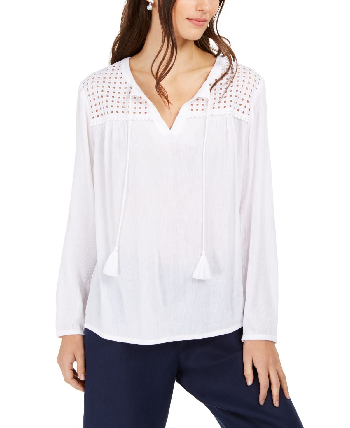 Charter Club Women's Tassel-Tie Eyelet Linen Top White Size Large