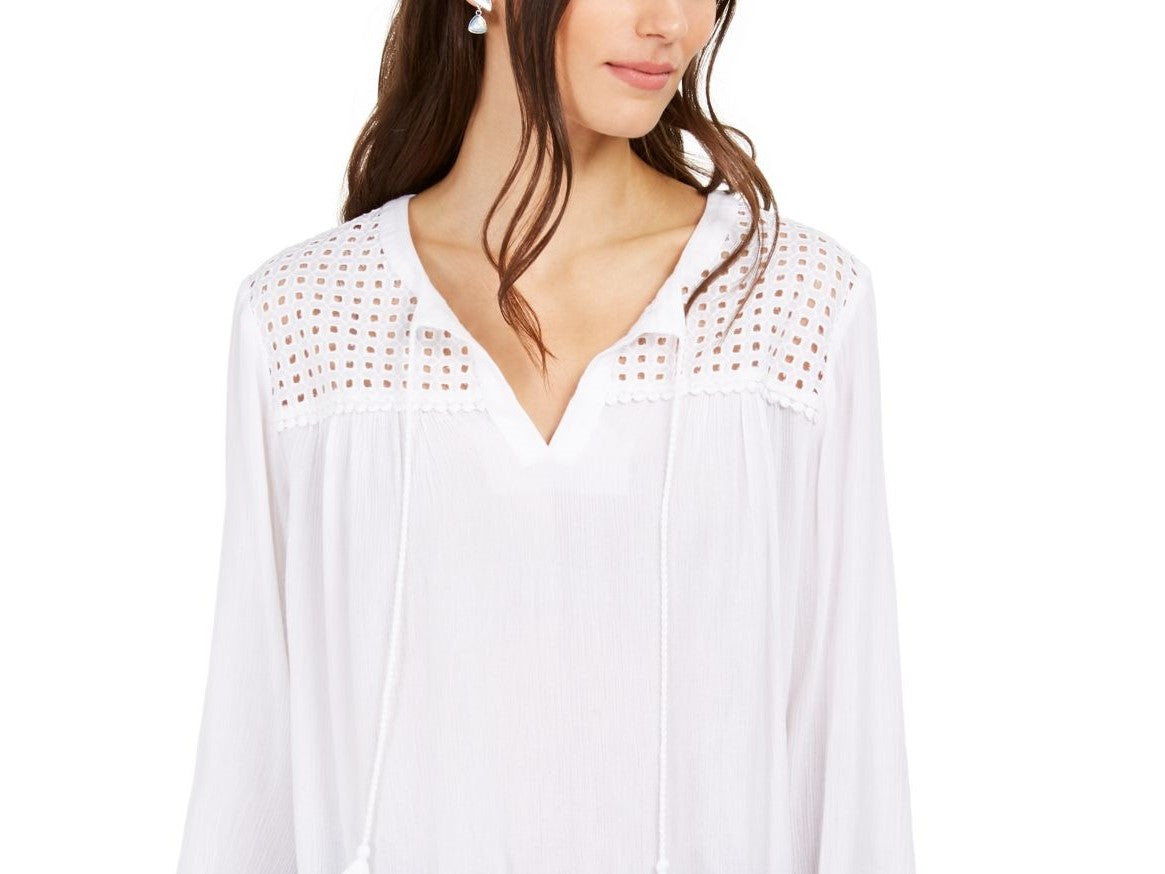 Charter Club Women's Tassel-Tie Eyelet Linen Top White Size Large