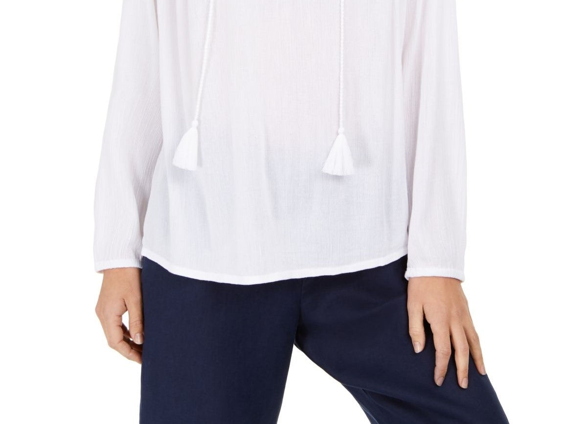 Charter Club Women's Tassel-Tie Eyelet Linen Top White Size Large
