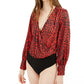 Bar III Women's Printed Surplice-Neck Blouson-Sleeve Bodysuit Dark Red Size Small
