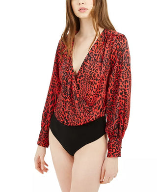 Bar III Women's Printed Surplice-Neck Blouson-Sleeve Bodysuit Dark Red Size Small