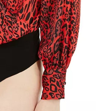 Bar III Women's Printed Surplice-Neck Blouson-Sleeve Bodysuit Dark Red Size Small