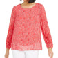 Alfani Women's Petite Floral-Print Pleat-Sleeve Top Pink Size Medium