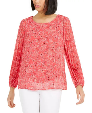 Alfani Women's Petite Floral-Print Pleat-Sleeve Top Pink Size Medium