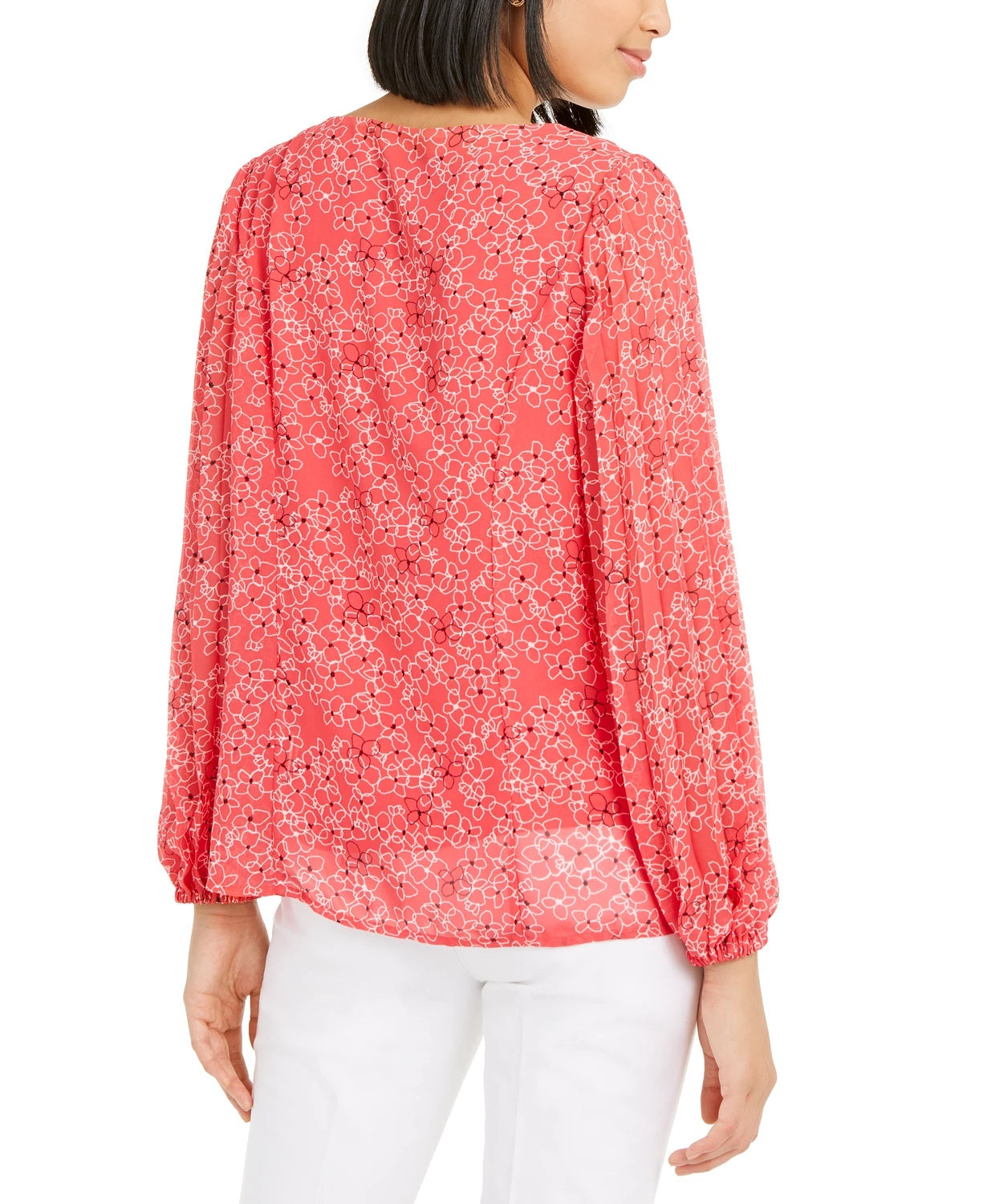 Alfani Women's Petite Floral-Print Pleat-Sleeve Top Pink Size Medium