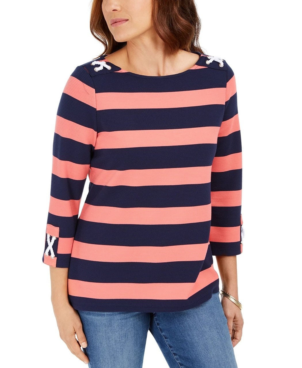 Charter Club Women's Grommet-Trim Striped Top Red Size Small