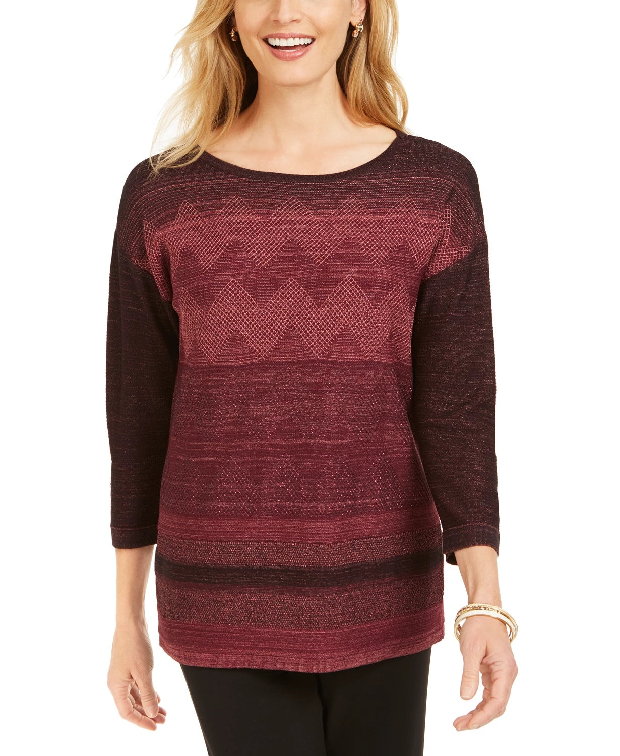 JM Collection Women's Metallic-Stitched Drop-Shoulder Sweater Purple Size Large