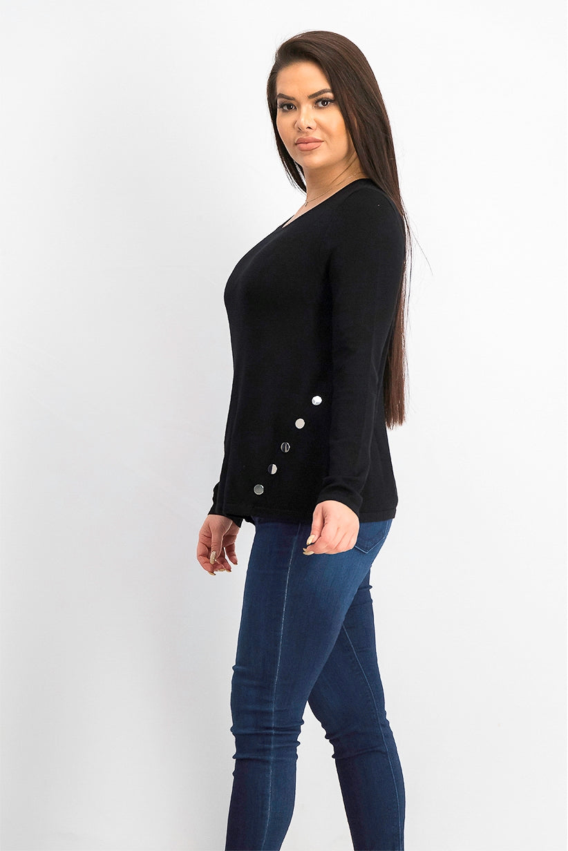 Alfani Women's Petite Hardware Seamed Pullover Sweater Black Size Medium