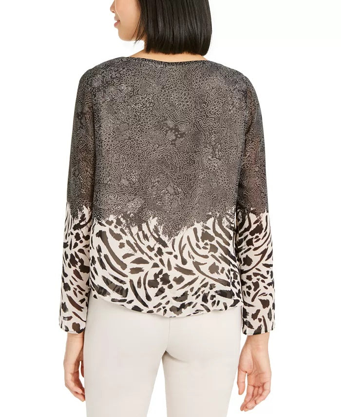 Alfani Women's Printed Angel Sleeve Bubble Top Black Size Small