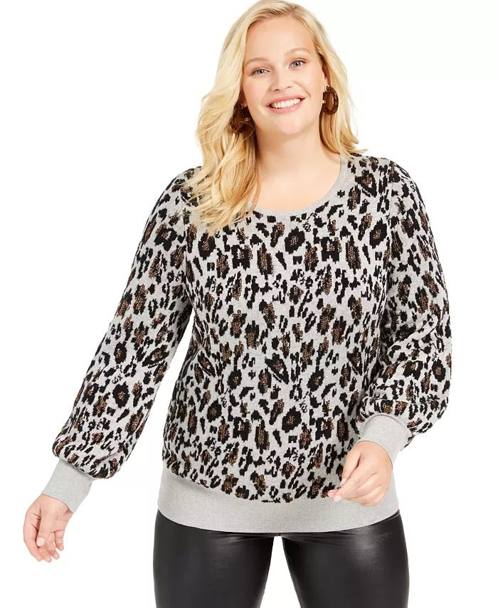 Alfani Women's Metallic Animal Print Sweater Grey Size 1X