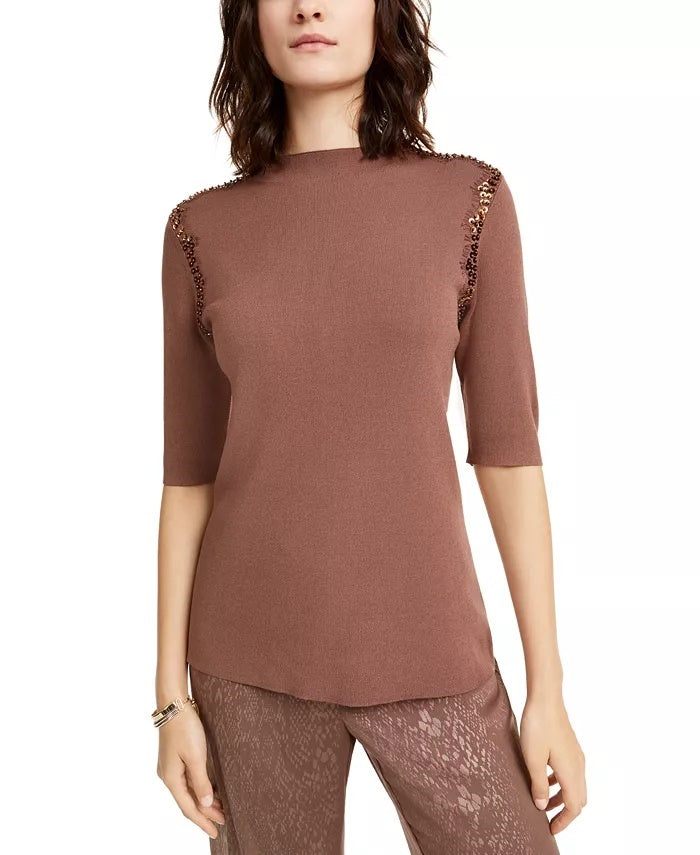 Alfani Women's Lace Sequin-Trim Sweater Brown Size Large