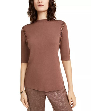 Alfani Women's Lace Sequin-Trim Sweater Brown Size Large