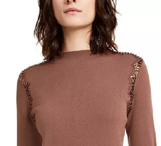 Alfani Women's Lace Sequin-Trim Sweater Brown Size Large
