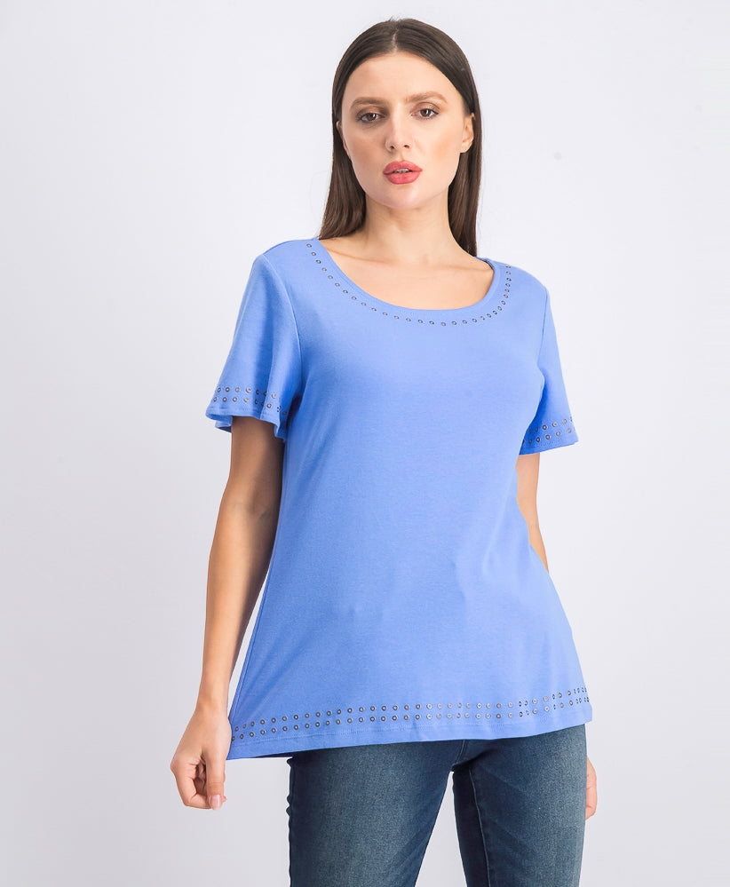 Karen Scott Women's Grommet-Trim Cotton Top Blue Size Small
