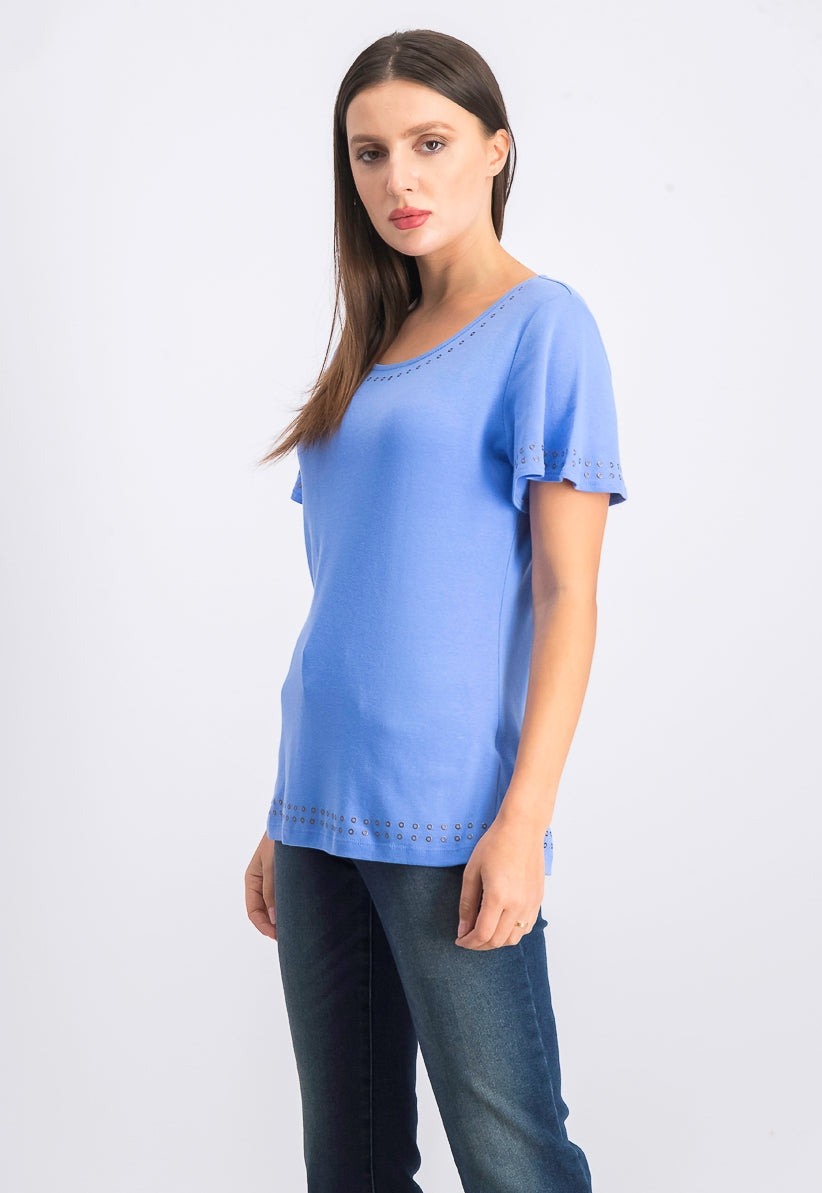 Karen Scott Women's Grommet-Trim Cotton Top Blue Size Small