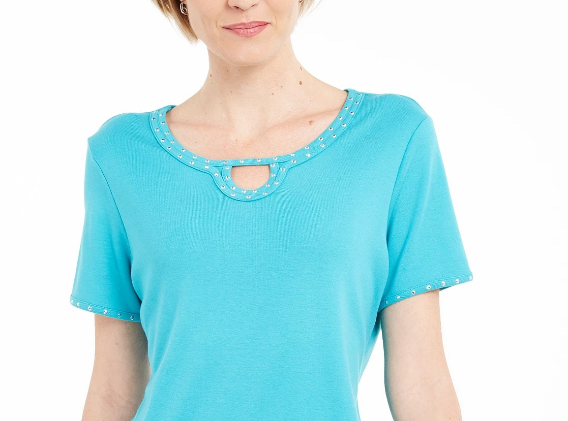 Karen Scott Women's Studded Keyhole Top Blue Size Small