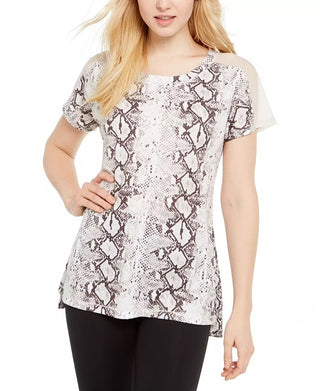 Ideology Women's Snake-Print Mesh-Trimmed T-Shirt White Size Small