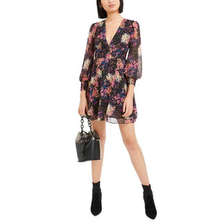 Bar III Women's Confetti Printed Blouson Sleeve Dress Black Size X-Small