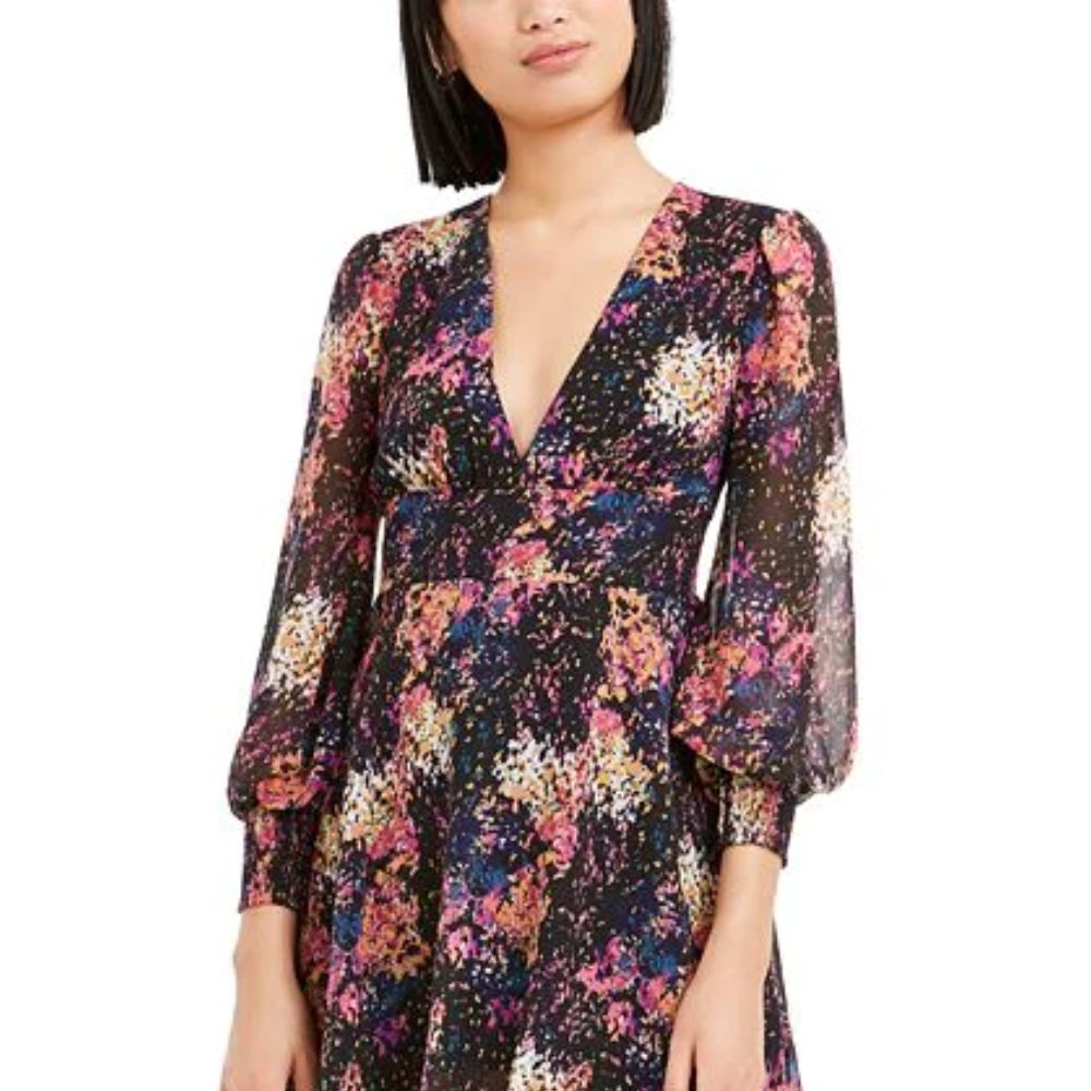 Bar III Women's Confetti Printed Blouson Sleeve Dress Black Size X-Small