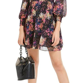 Bar III Women's Confetti Printed Blouson Sleeve Dress Black Size X-Small