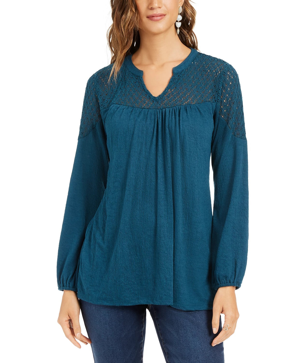 Style & Co Women's Crochet-Yoke Top Green Size Extra Small