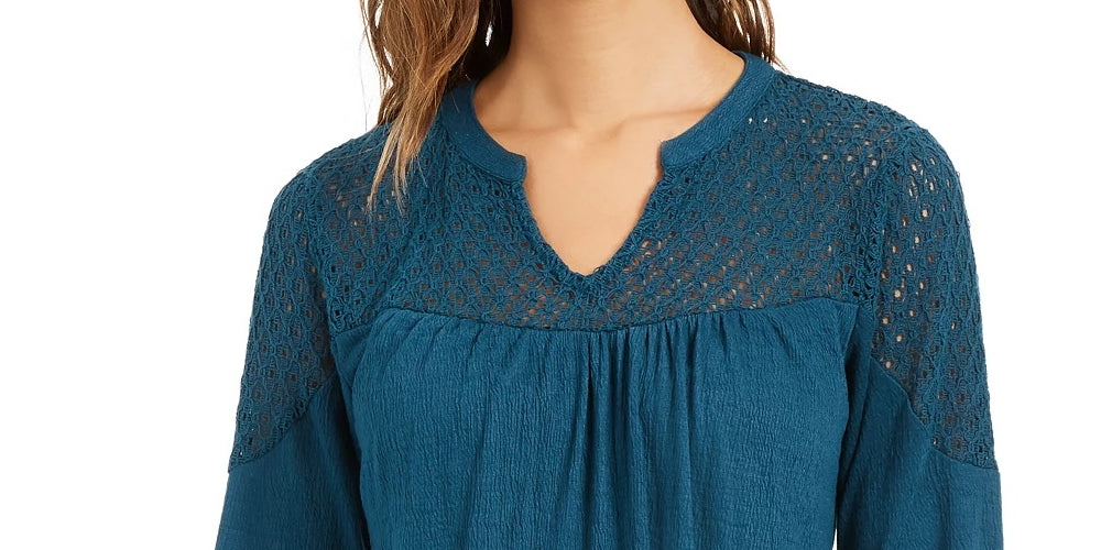 Style & Co Women's Crochet-Yoke Top Green Size Extra Small