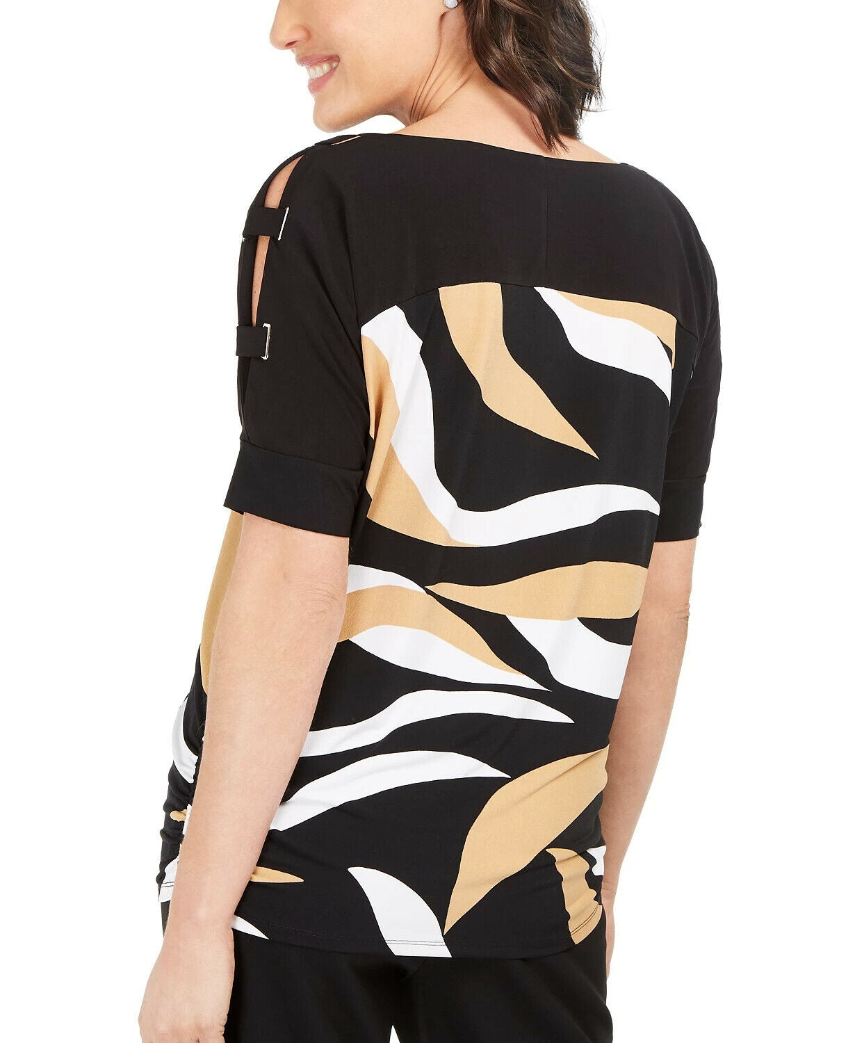 JM Women's Collection Printed Strappy-Sleeve Tunic Black Size Large