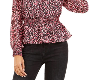 Bar III Women's Ditsy-Print Low-Back Ruffled Top Dark Red Size Large