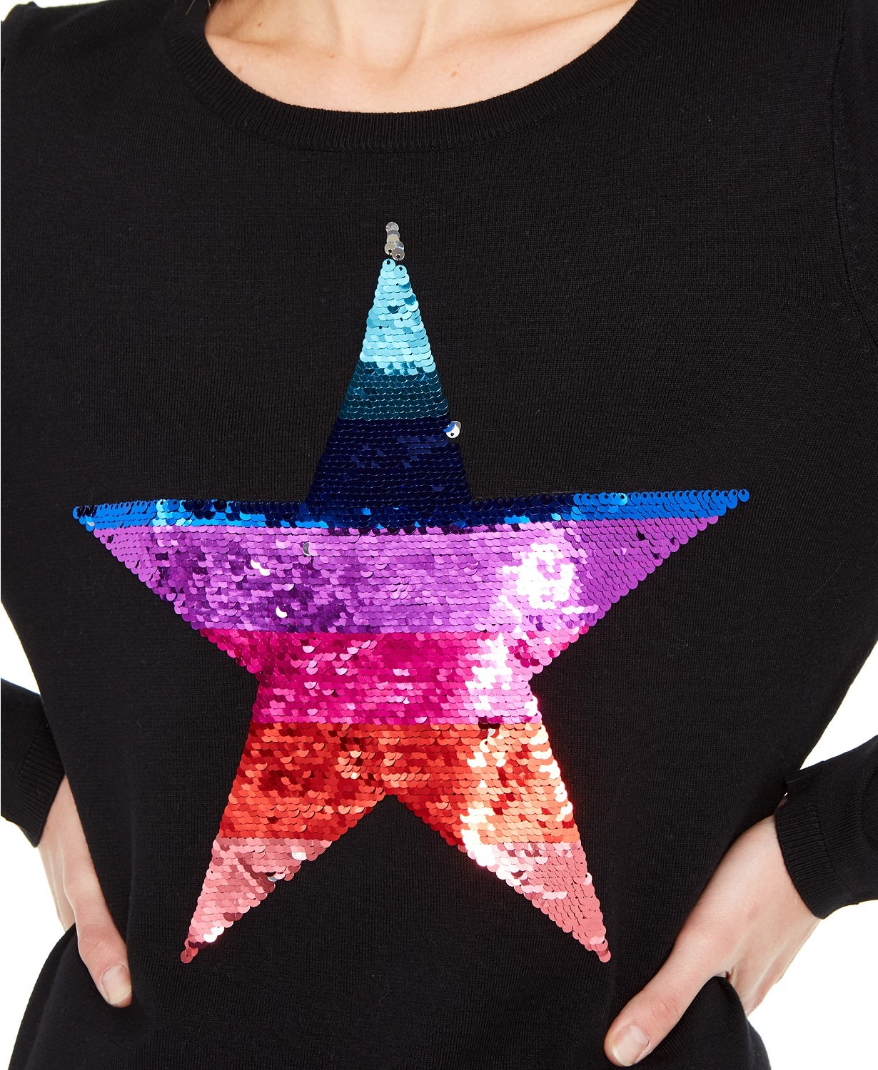 INC International Concepts Women's Sequin Star Sweater Black Size Small