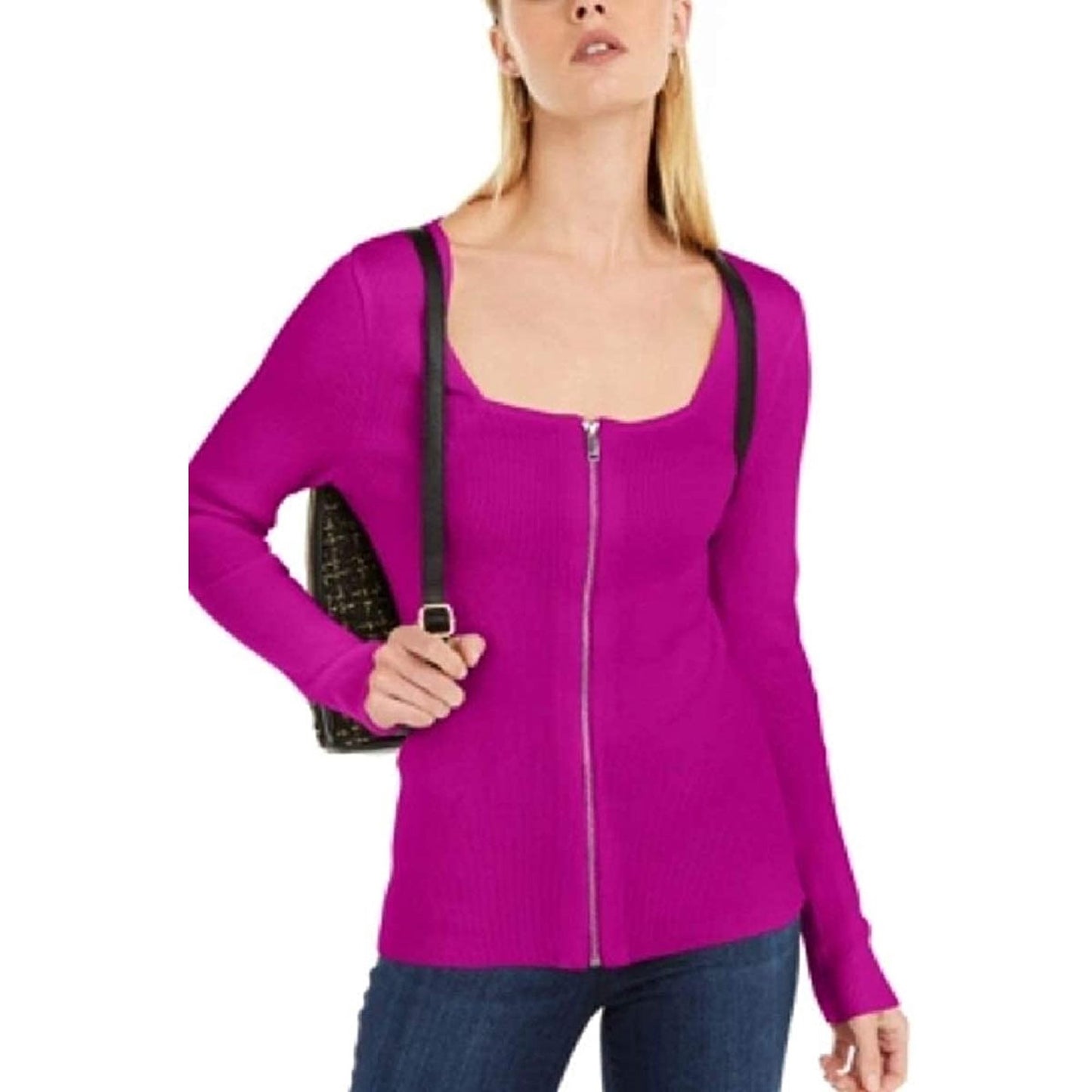 INC International Concepts Women's Square Neck Zip Front Sweater Pink Size Medium