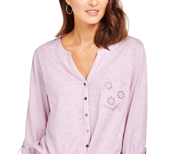 Style & Co Women's Eyelet-Pocket Tie-Front Top Purple Size Small