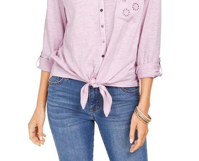 Style & Co Women's Eyelet-Pocket Tie-Front Top Purple Size Small