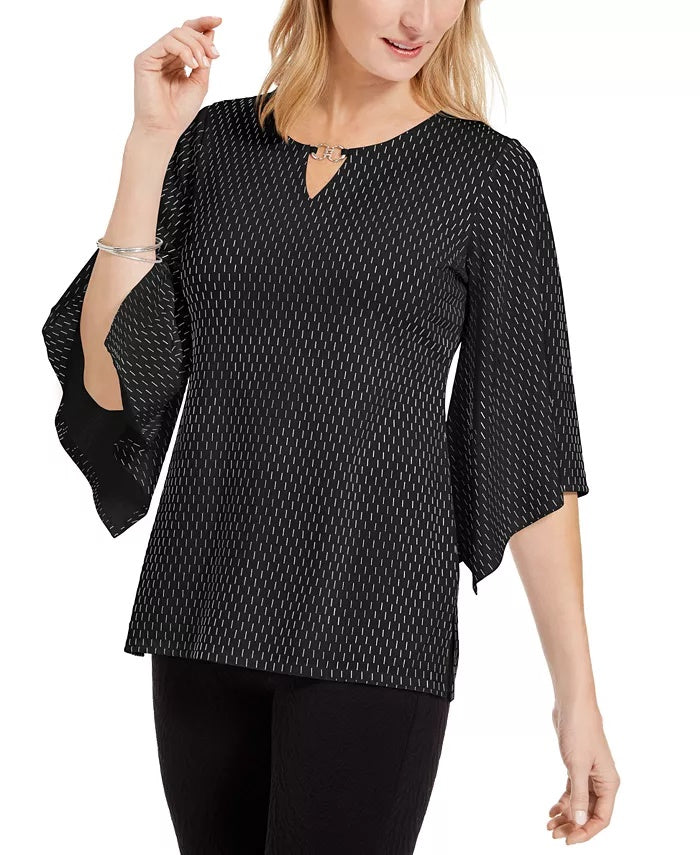 JM Collection Women's Embellished Flared Sleeve Top Black Size Large