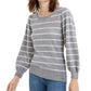 Maison Jules Women's Striped Puff Sleeve Sweater Grey Size X-Large