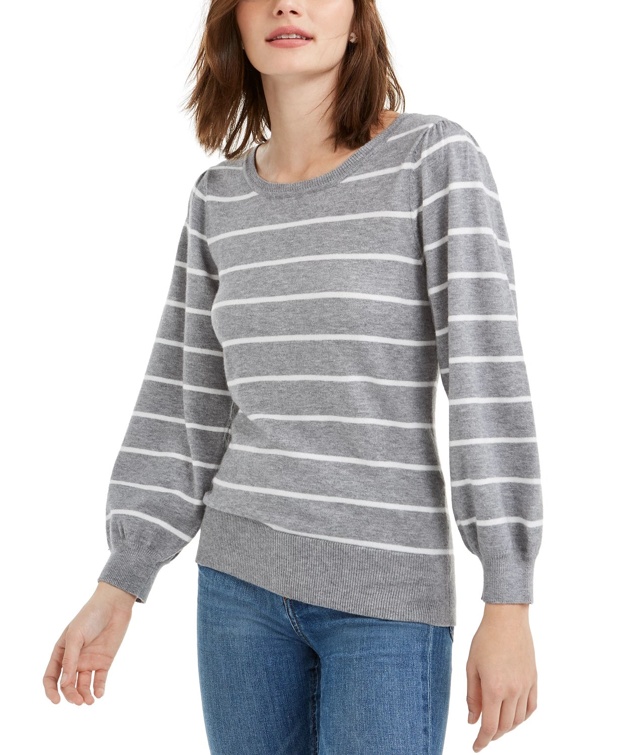 Maison Jules Women's Striped Puff Sleeve Sweater Grey Size X-Large