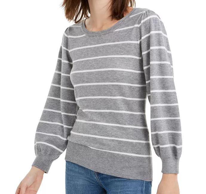 Maison Jules Women's Striped Puff Sleeve Sweater Grey Size X-Large